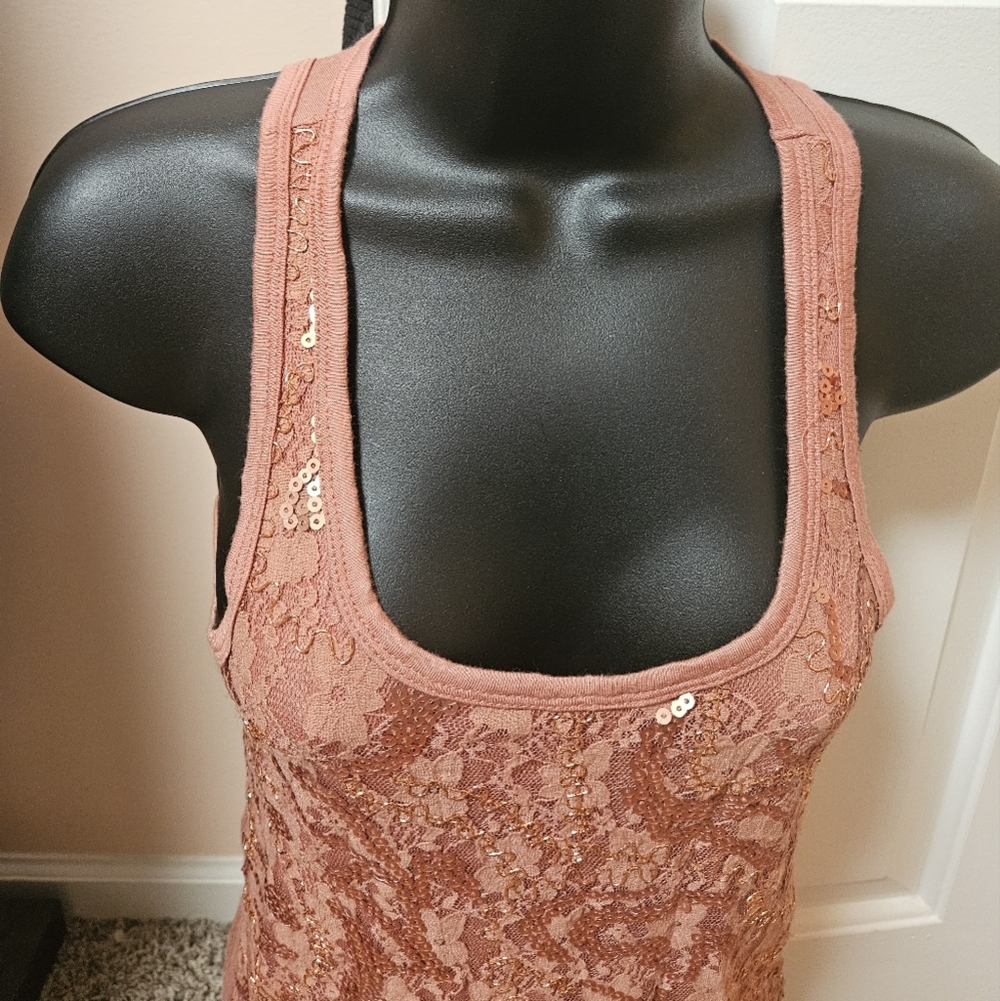 BKE Lace Tank Top in Rust Orange With Sequins Detail - Picture 2 of 10